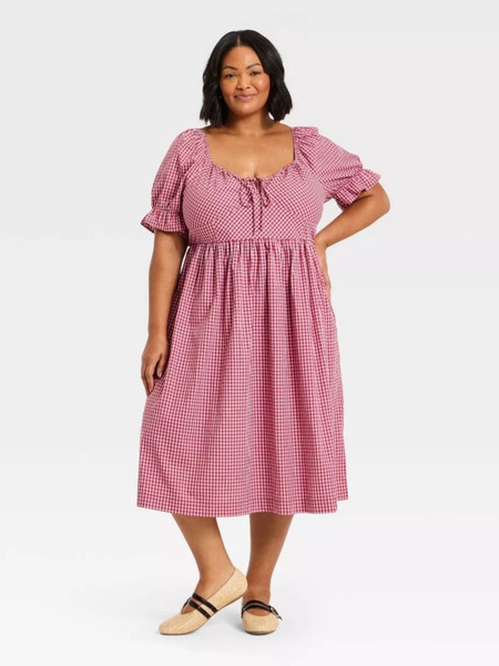 NWT Universal Thread Red Gingham Plaid Puff Elbow Sleeve Midi A-Line Dress 3X